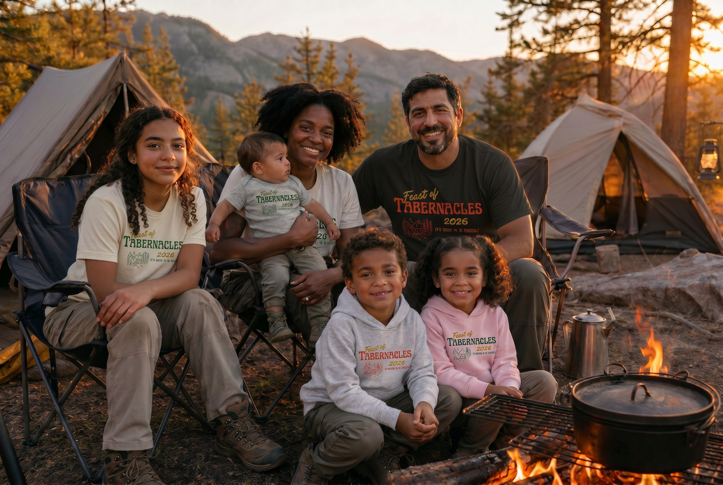 Family at their Feast of Tabernacles campsite in matching tees, gathered by the fire at golden hour