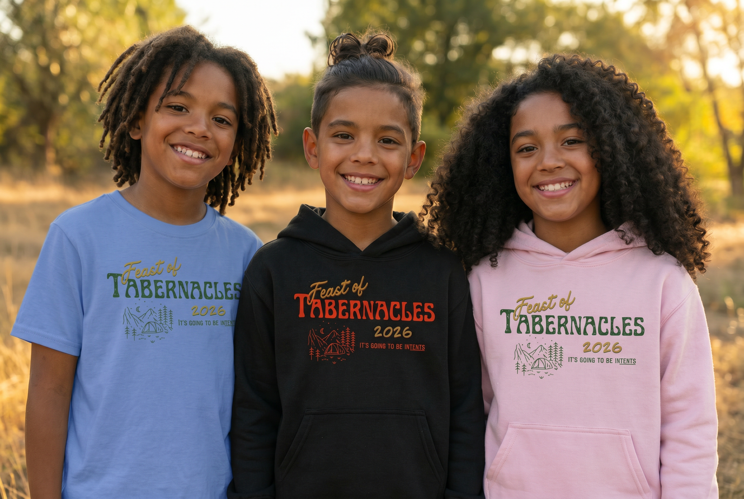 Three kids side by side in matching Feast of Tabernacles tees, natural outdoor light